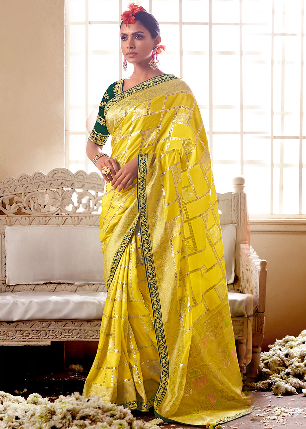 Buy MySilkLove Grass Yellow and Green Banarasi Saree with Designer Blouse Online