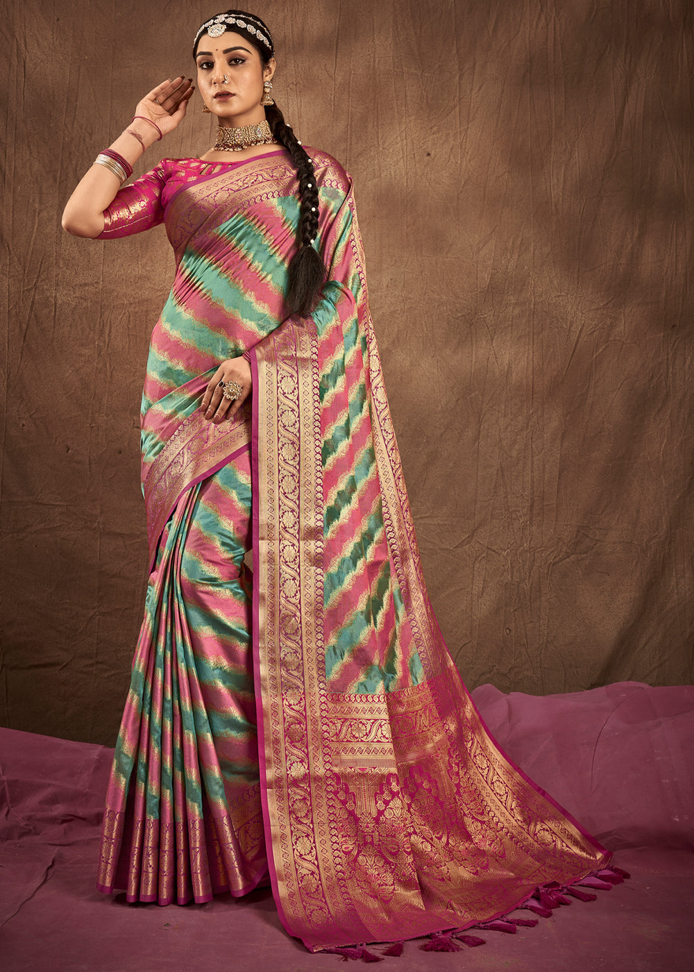 Buy MySilkLove Battleship Green and Pink Woven Rangkath Banarasi Silk Saree Online