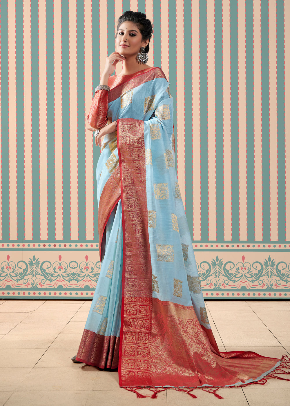 Buy MySilkLove Rock Blue Zari Woven Banarasi Brocade Linen Saree Online