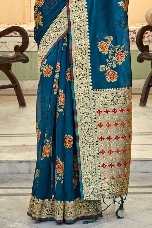 Buy MySilkLove Steel Blue Organza Saree Online