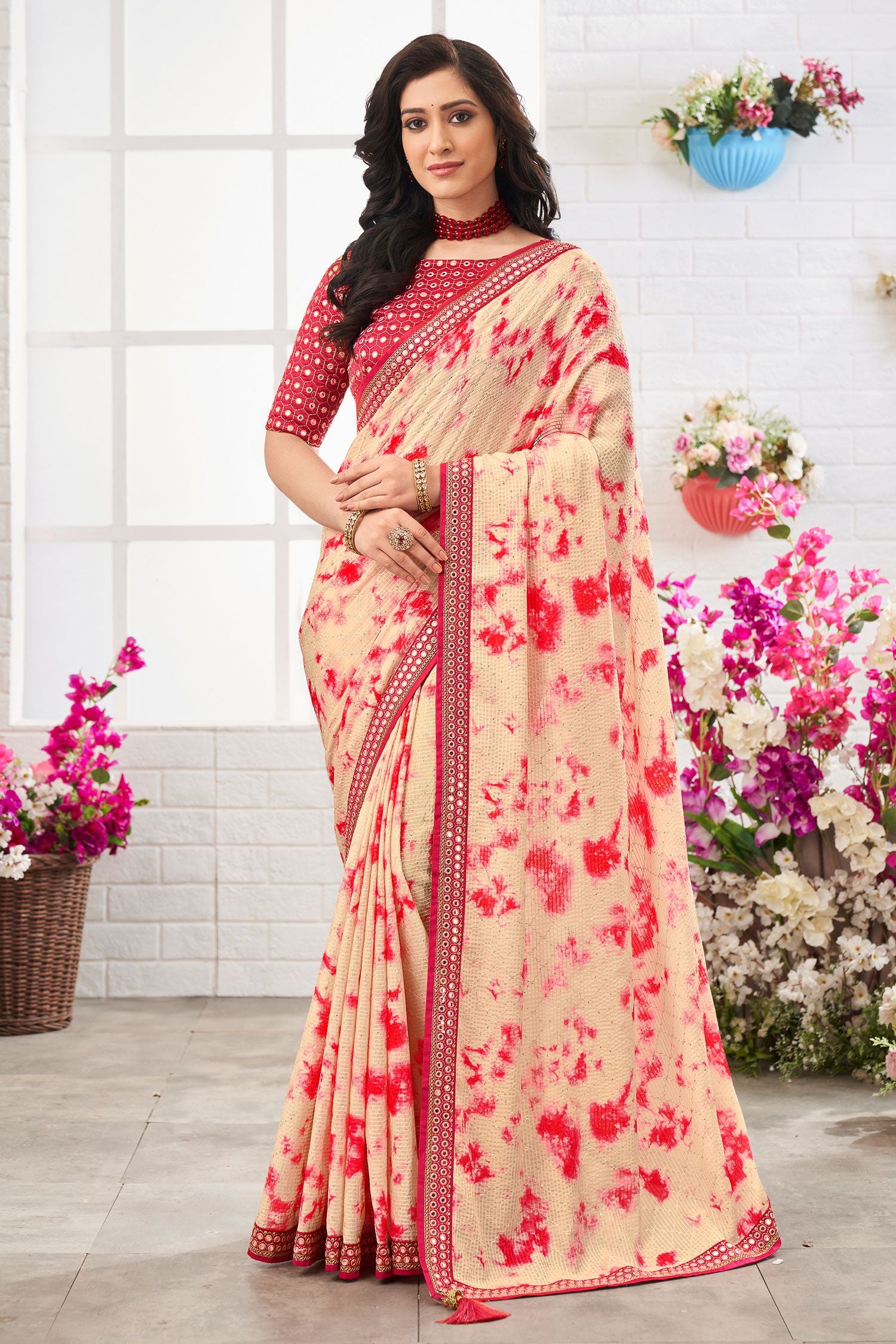 Buy MySilkLove Wheat Cream and Red Chinon Printed Saree Online