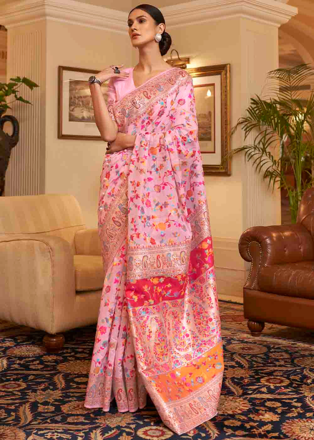 Buy MySilkLove Pale Pink Banarasi Jamawar Woven Silk Saree Online