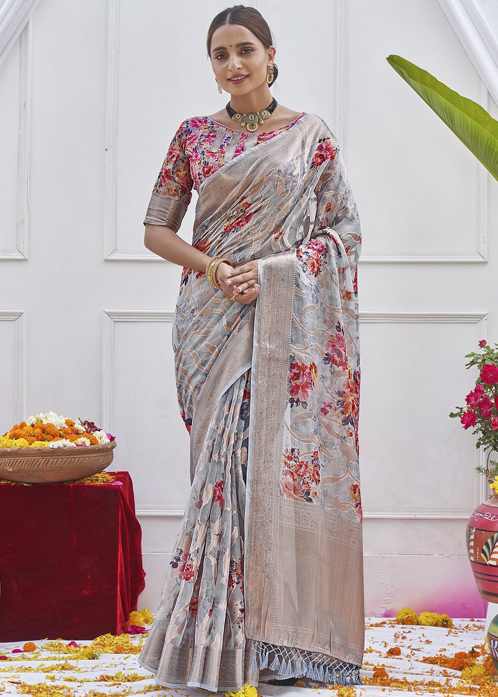 Buy MySilkLove Quick Silver Grey Digital Printed Organza Silk Saree Online