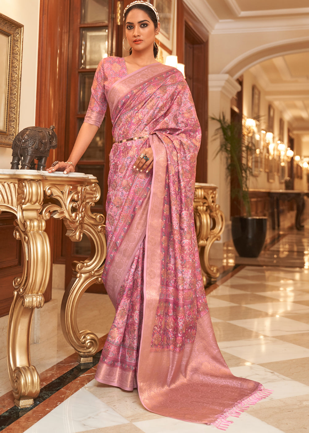 Buy MySilkLove Sunglo Pink Banarasi Digital Kanni Printed Silk Saree Online