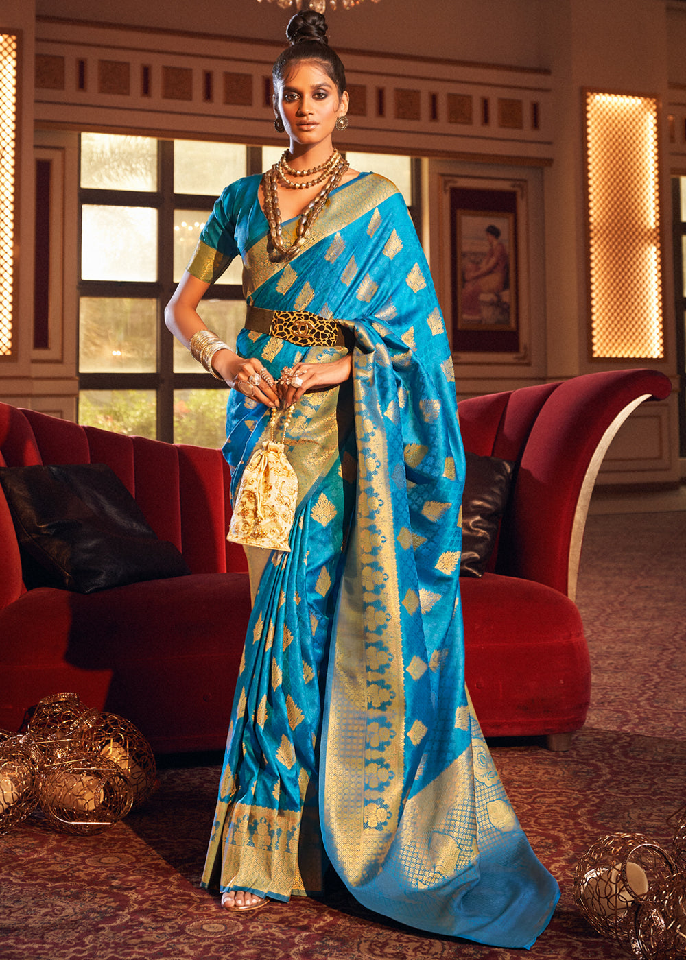 Buy MySilkLove Cerulean Blue Woven Banarasi Silk Saree Online