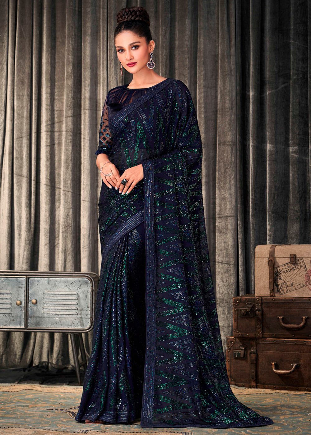 Buy MySilkLove Tuna Blue and Green Sequins Embroidered Designer Georgette Saree Online