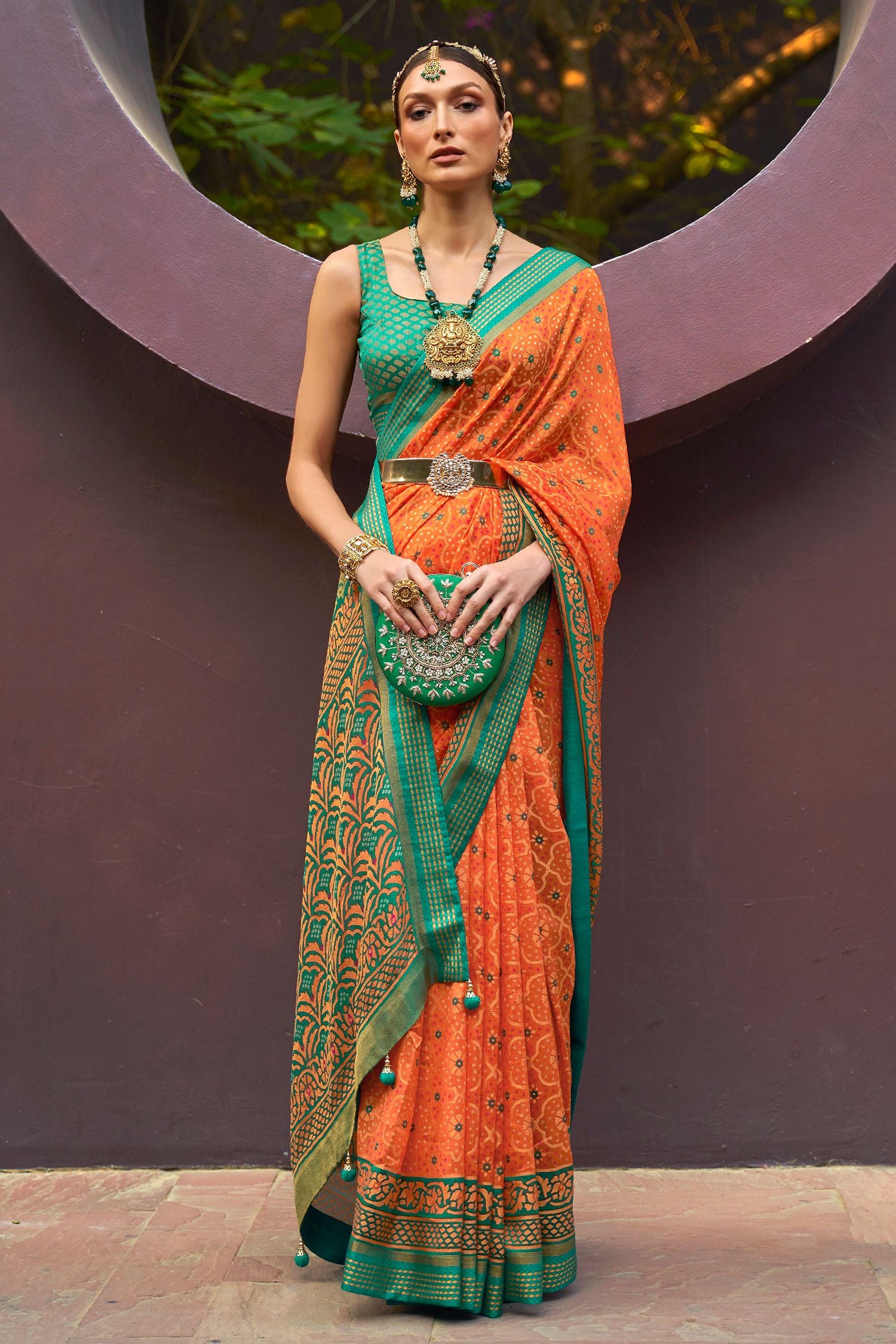 Buy MySilkLove Mandarin Orange and Green Printed Brasso Saree Online