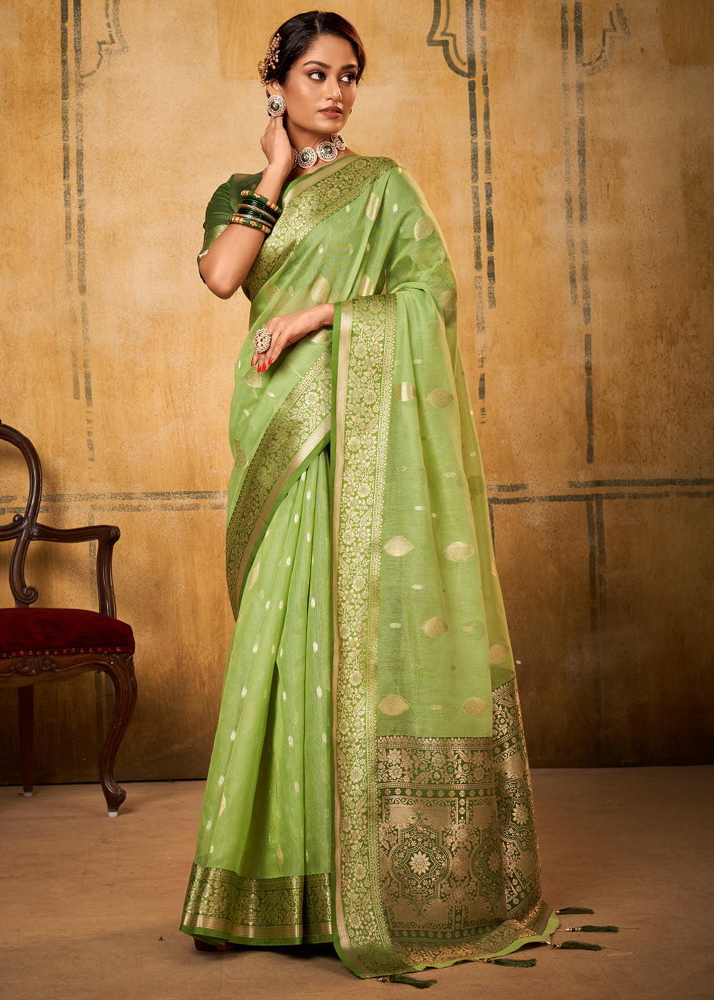 Buy MySilkLove Gimblet Green Woven Banarasi Silk Saree Online