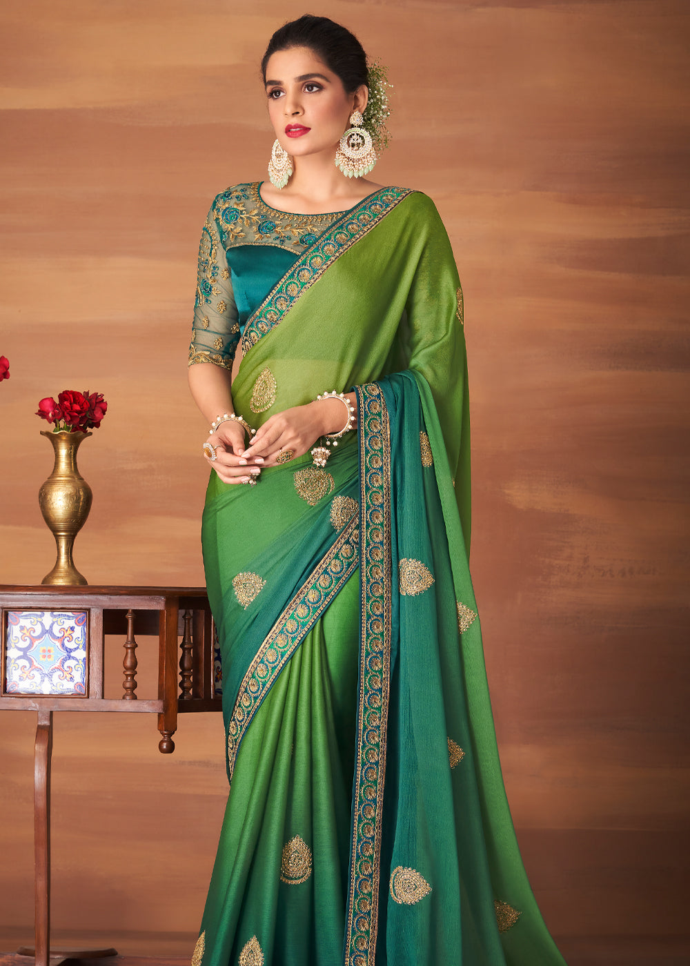 Buy MySilkLove Cucumber Green and Blue Designer Saree with Embroidered Blouse Online