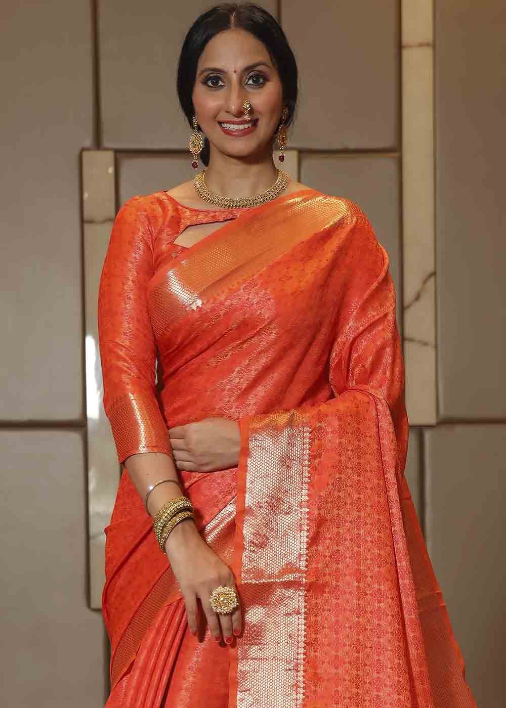 Buy MySilkLove Orange Soda Zari Woven Banarasi Soft Silk Saree Online