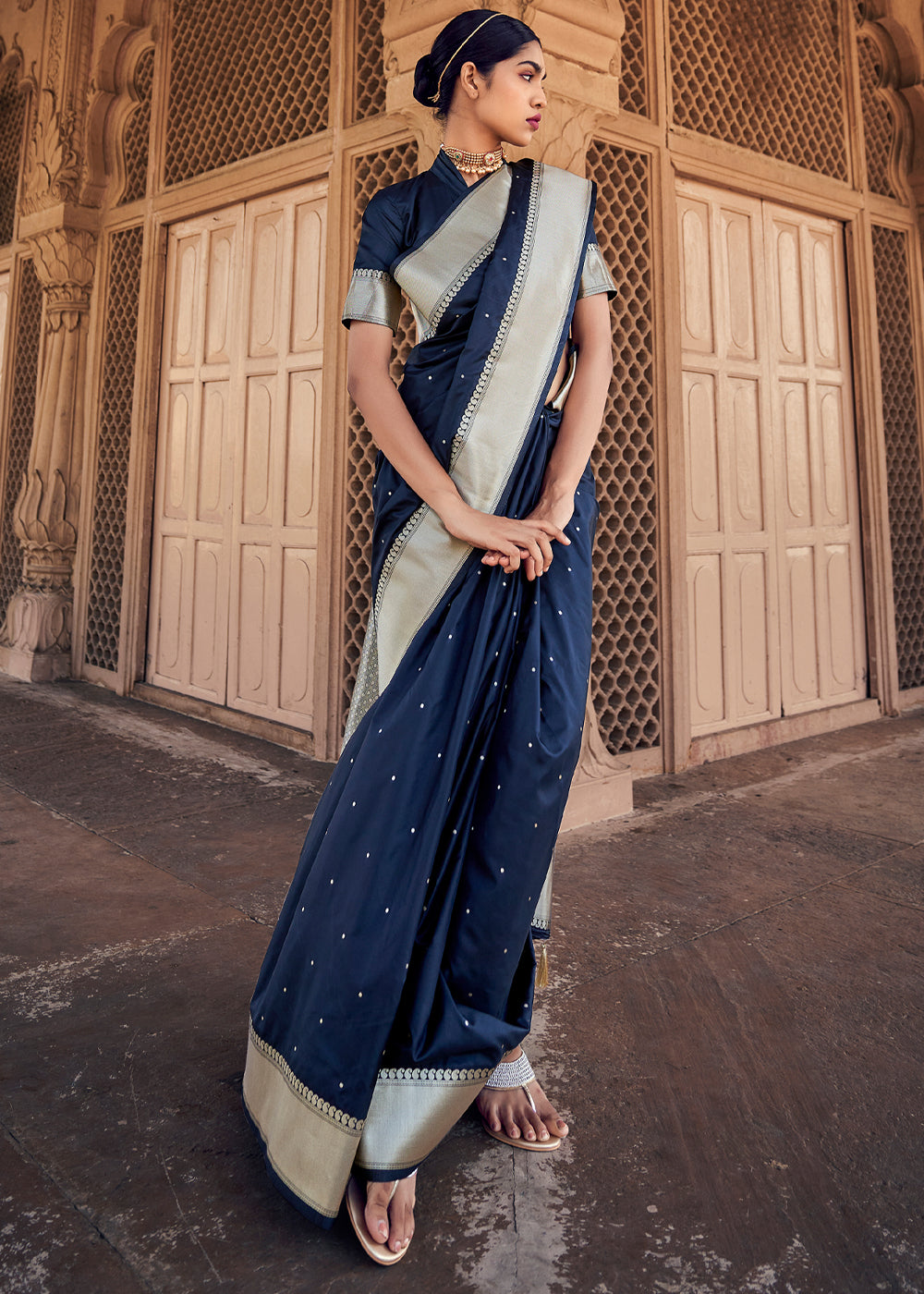 Buy MySilkLove Big Stone Blue Woven Banarasi Satin Silk Saree Online