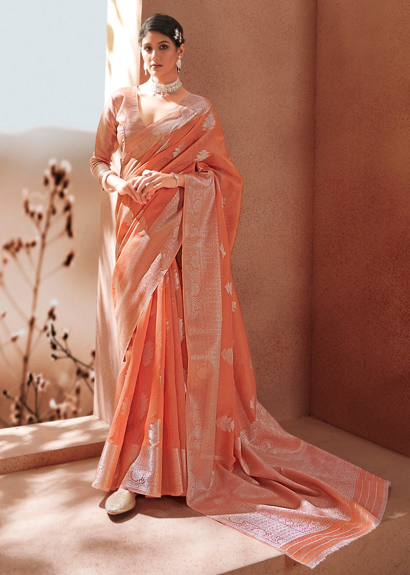Japonica Peach Zari Woven Banarasi Linen Saree – MySilkLove