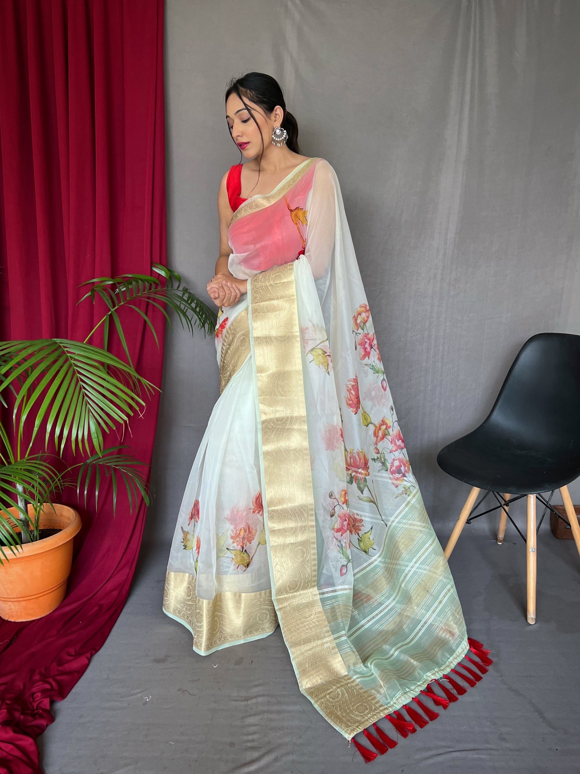 Buy MySilkLove Pale Blue Organza Digital Floral Printed Saree Online