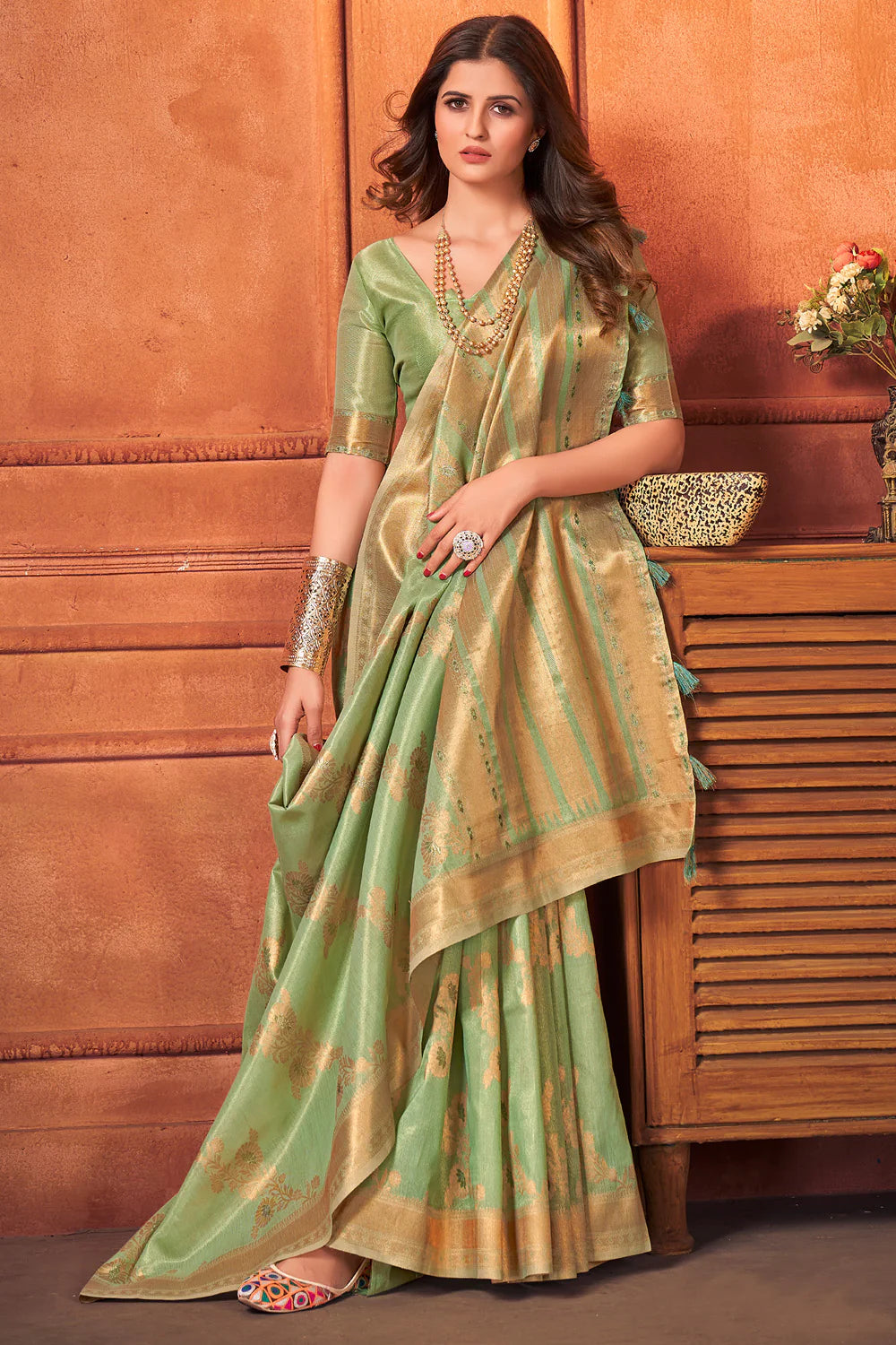 Buy MySilkLove Green Smoke Cotton Tissue Silk Saree Online