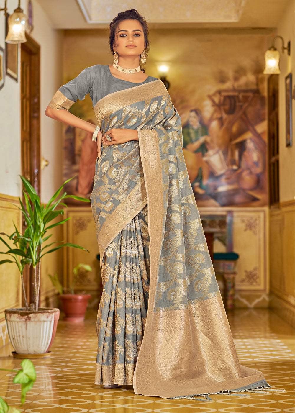 Buy MySilkLove Natural Grey Zari Woven Banarasi Linen Saree Online