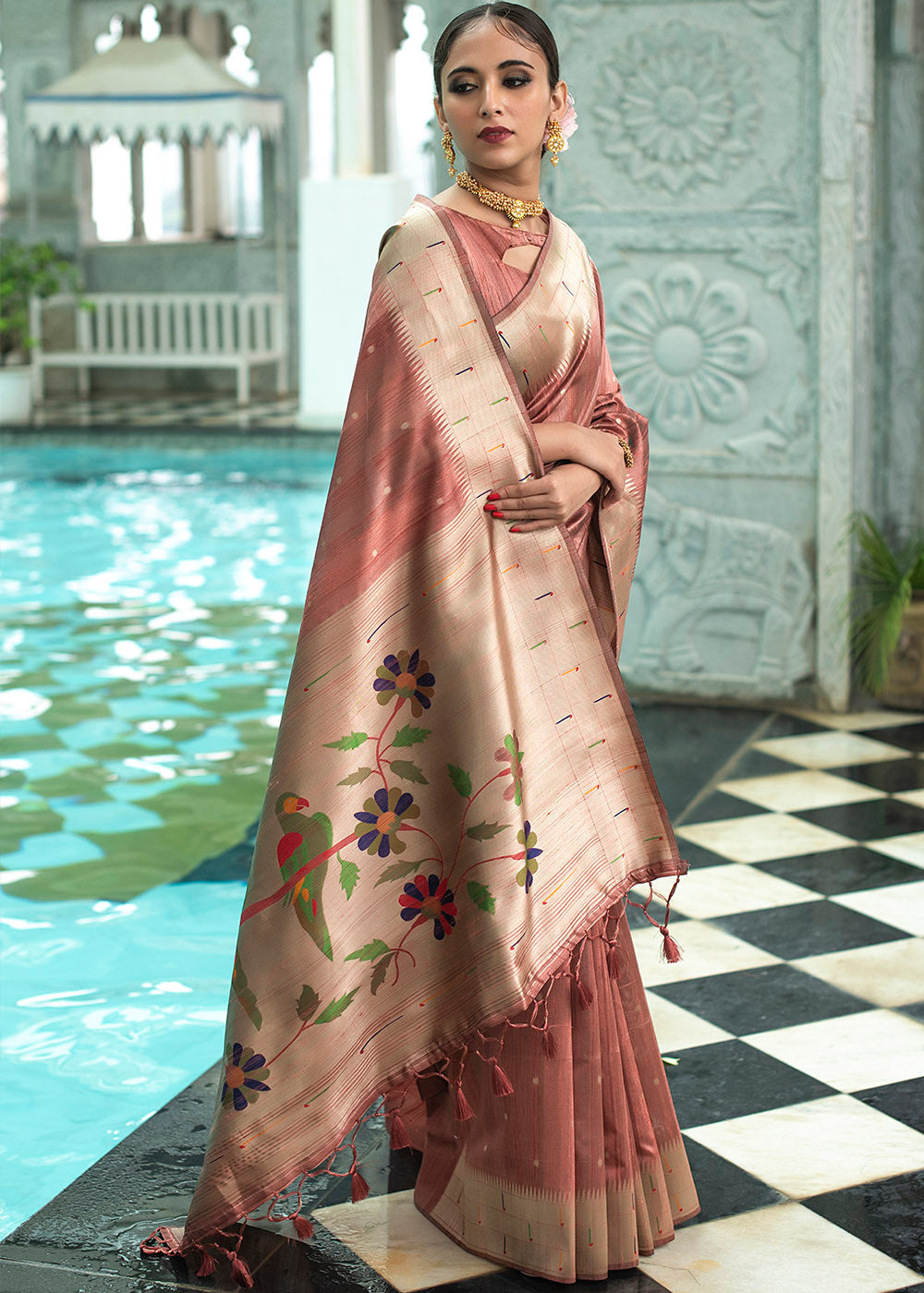 Buy MySilkLove Sand Pink Zari Woven Tussar Paithani Silk Saree Online