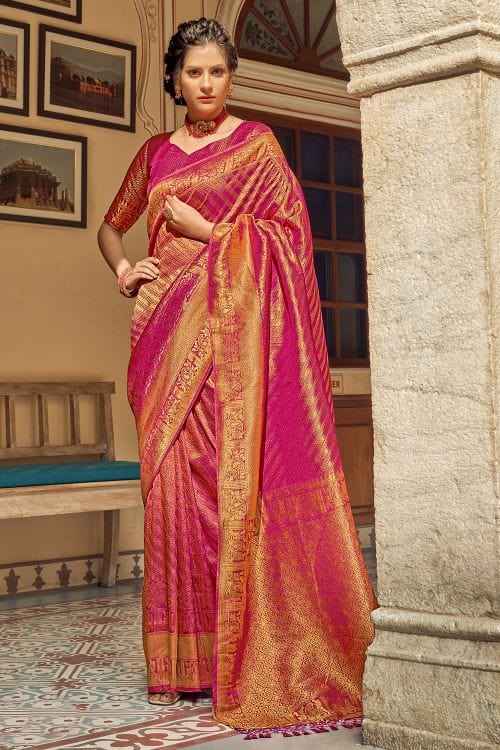 Buy MySilkLove Brick Pink Zari Woven Tanchui Kanjivaram Fusion Silk Saree Online