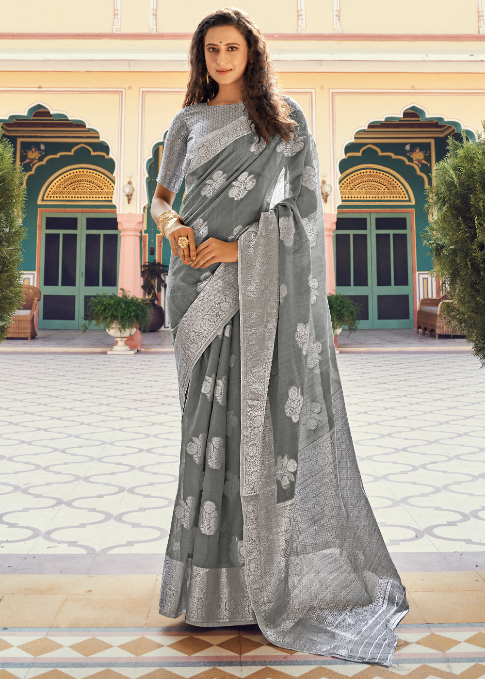 Buy MySilkLove Tapa Grey Zari Woven Banarasi Linen Saree Online