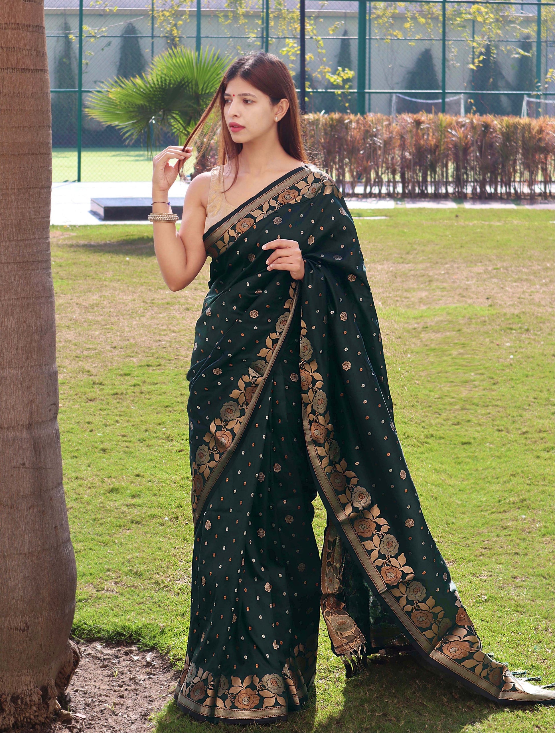 Buy MySilkLove Bush Green Soft Silk Saree with Floral Woven Border and Pallu Online