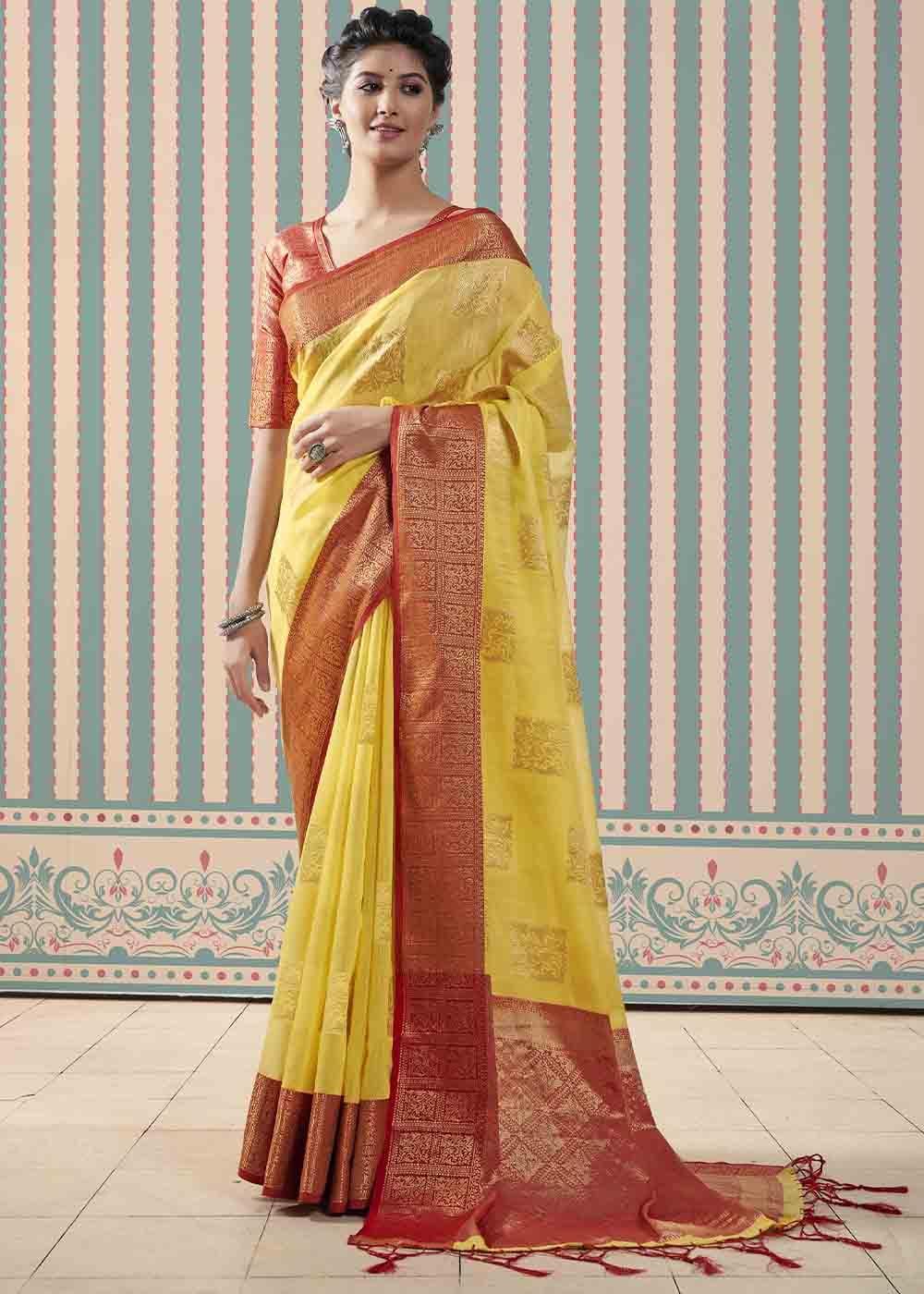 Buy MySilkLove Turmeric Yellow and Red Zari Woven Linen Saree Online