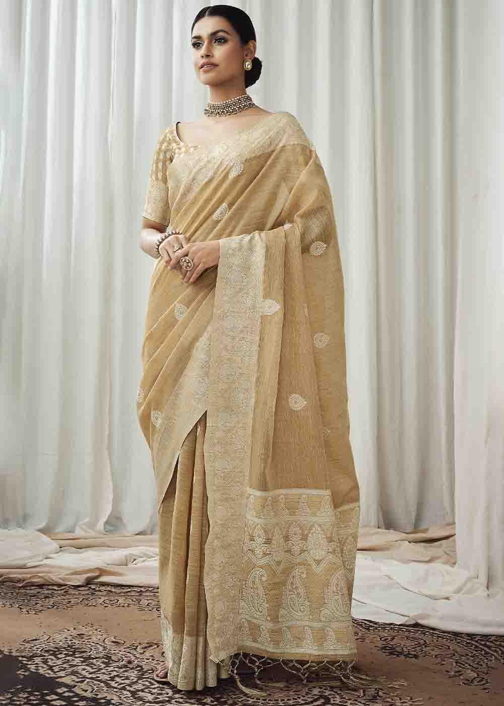 Buy MySilkLove Twine Brown Chikankari Linen Saree Online