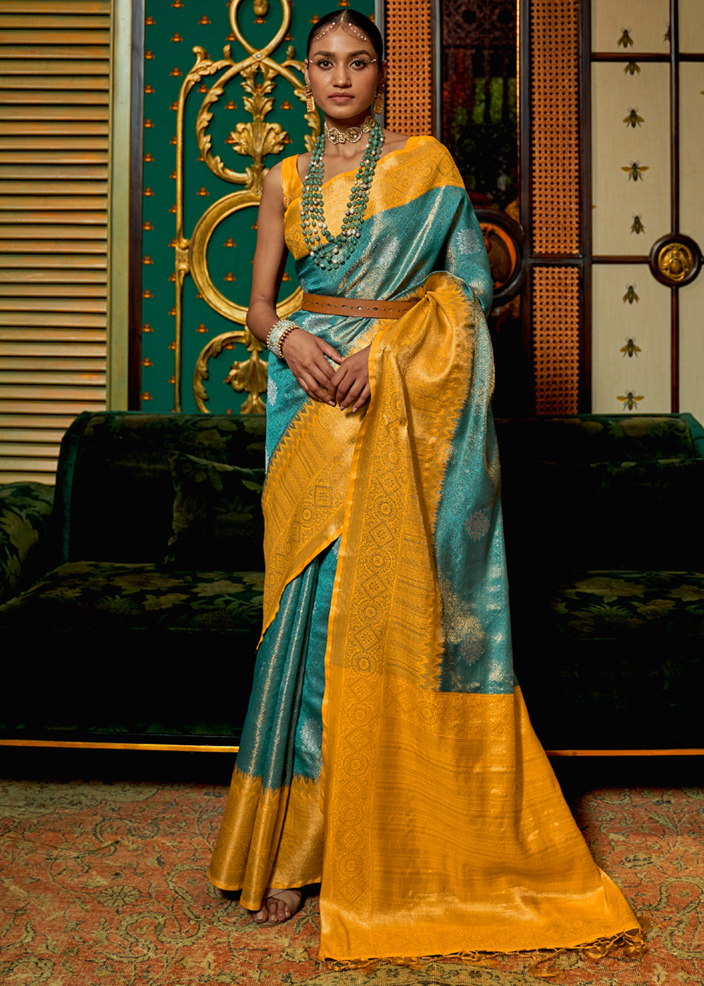 Buy MySilkLove Paradiso Blue and Yellow Zari Woven Banarasi Tussar Saree Online