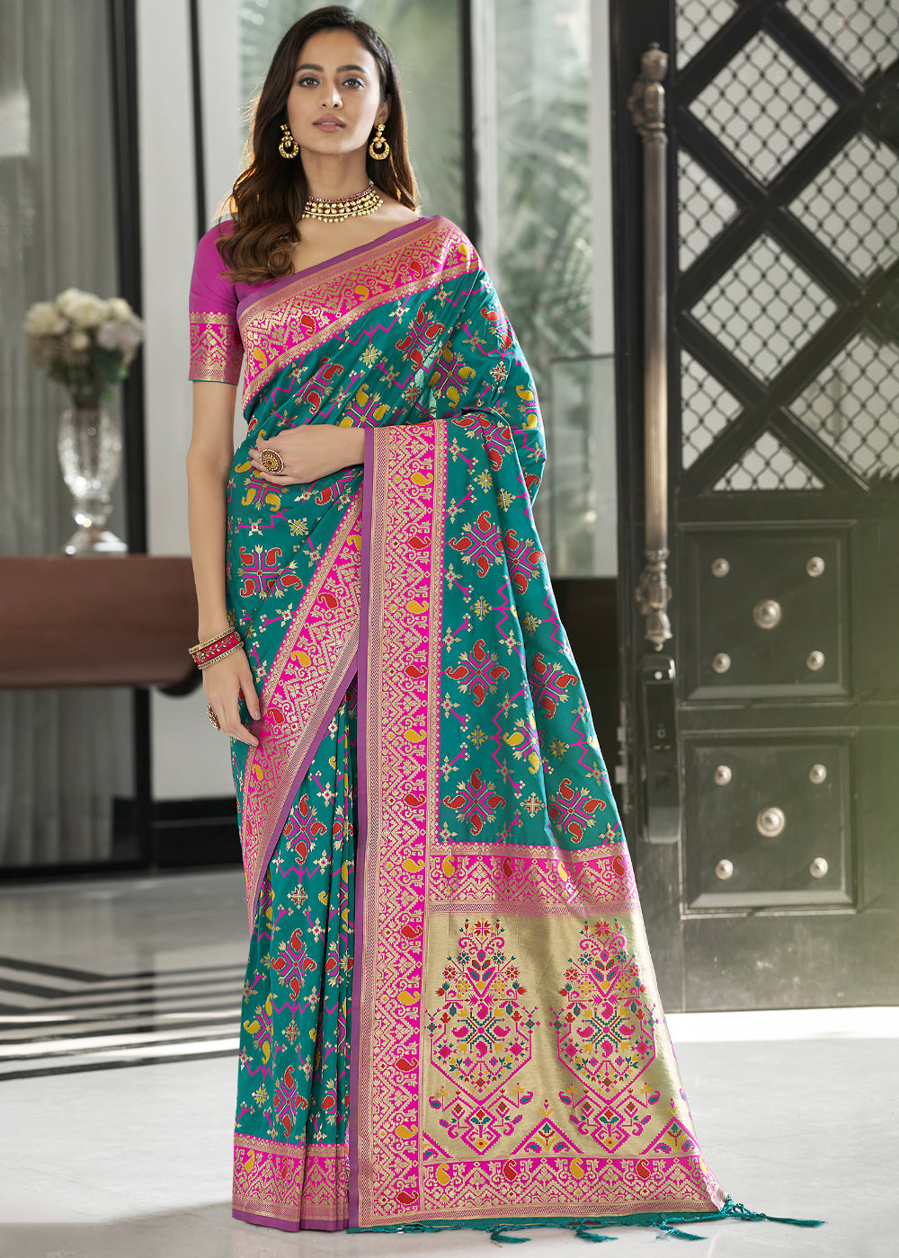 Buy MySilkLove Paradiso Blue and Pink Zari Woven Banarasi Patola Saree Online