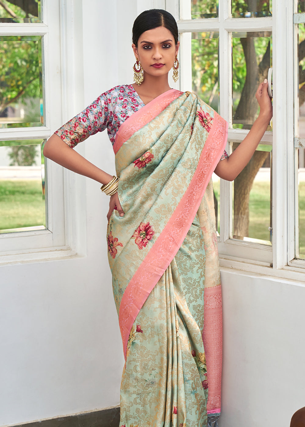 Buy MySilkLove Eagle Green Banarasi Jacquard Printed Saree Online