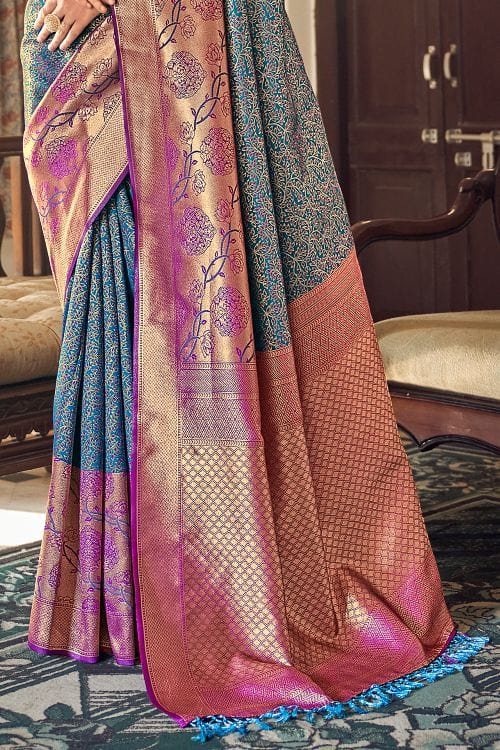 Buy MySilkLove Stone Blue and Purple Zari Woven Banarasi Saree Online