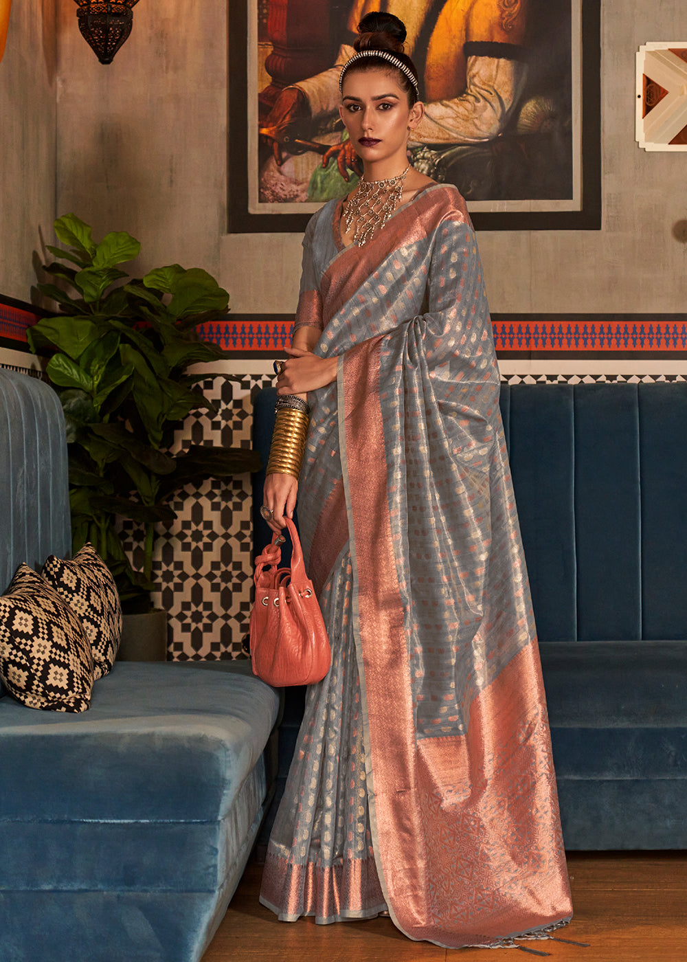 Buy MySilkLove Zorba Grey Zari Woven Tissue Saree Online