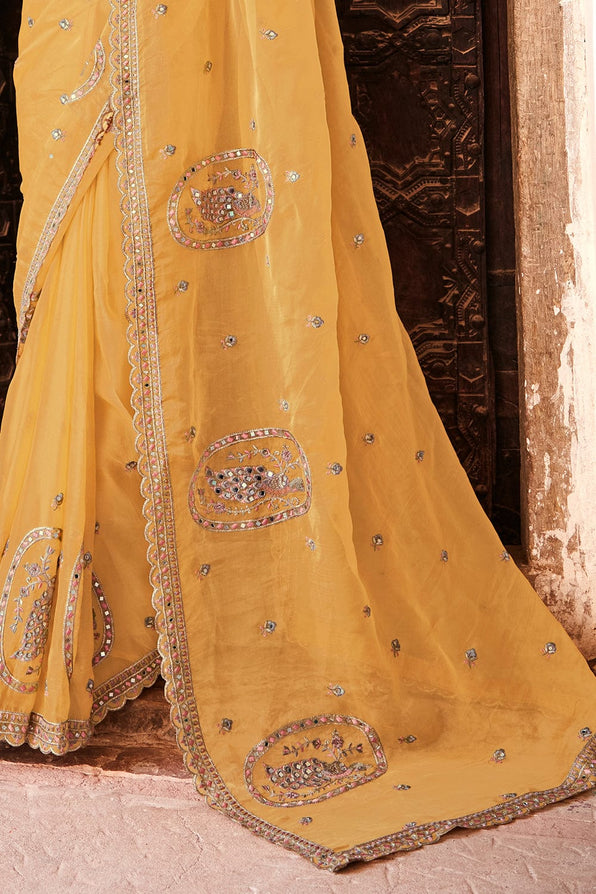 Buy MySilkLove Porsche Yellow and Brown Organza Saree Online