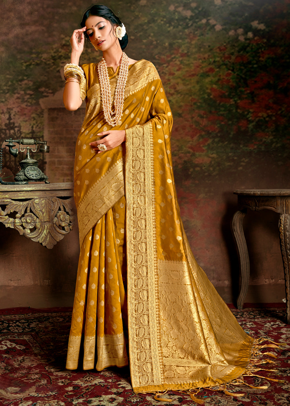 Buy MySilkLove Bourbon Yellow Zari Woven Banarasi Jamdani Silk Saree Online