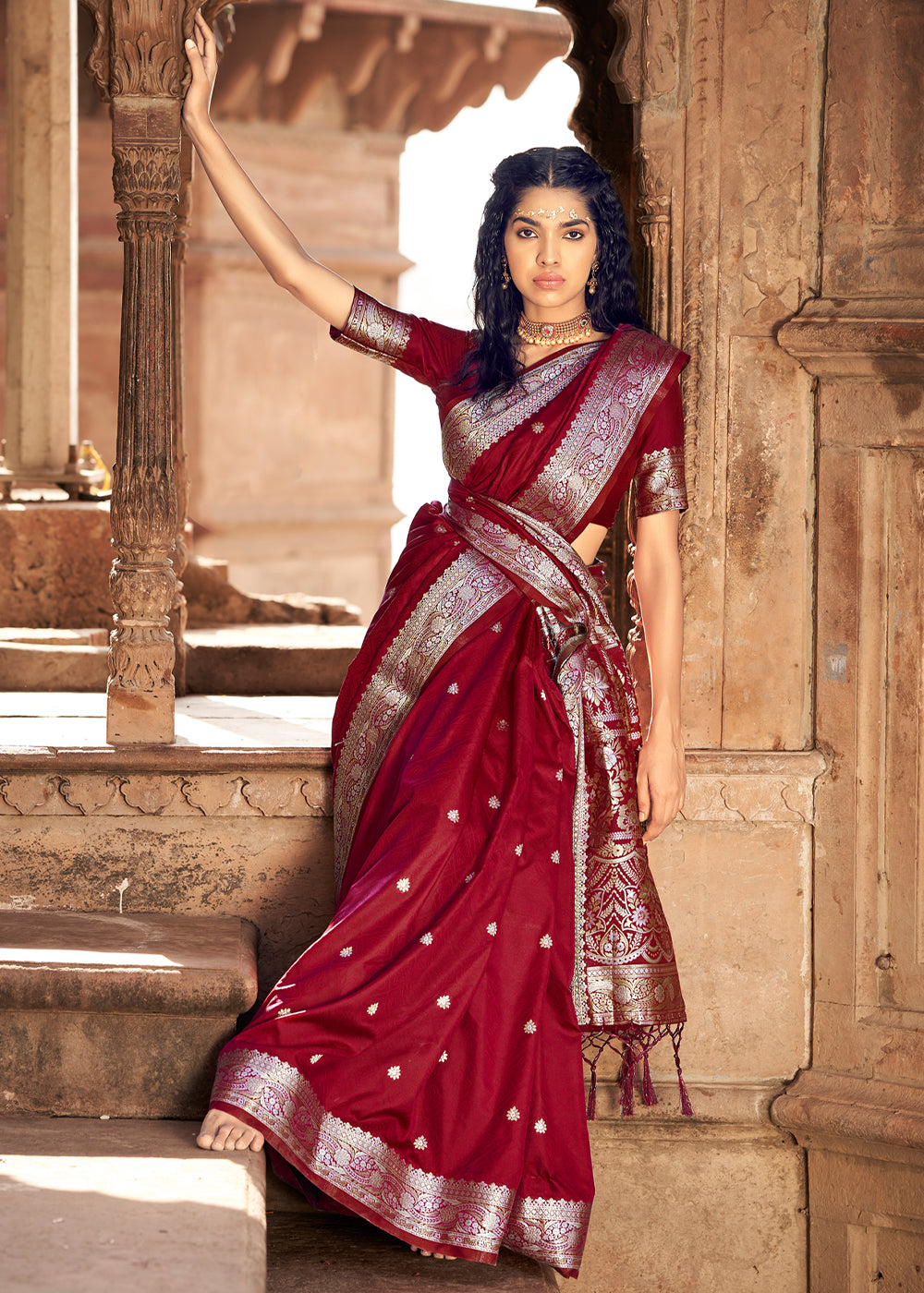 Buy MySilkLove Dark Tan Maroon Woven Banarasi Satin Silk Saree Online