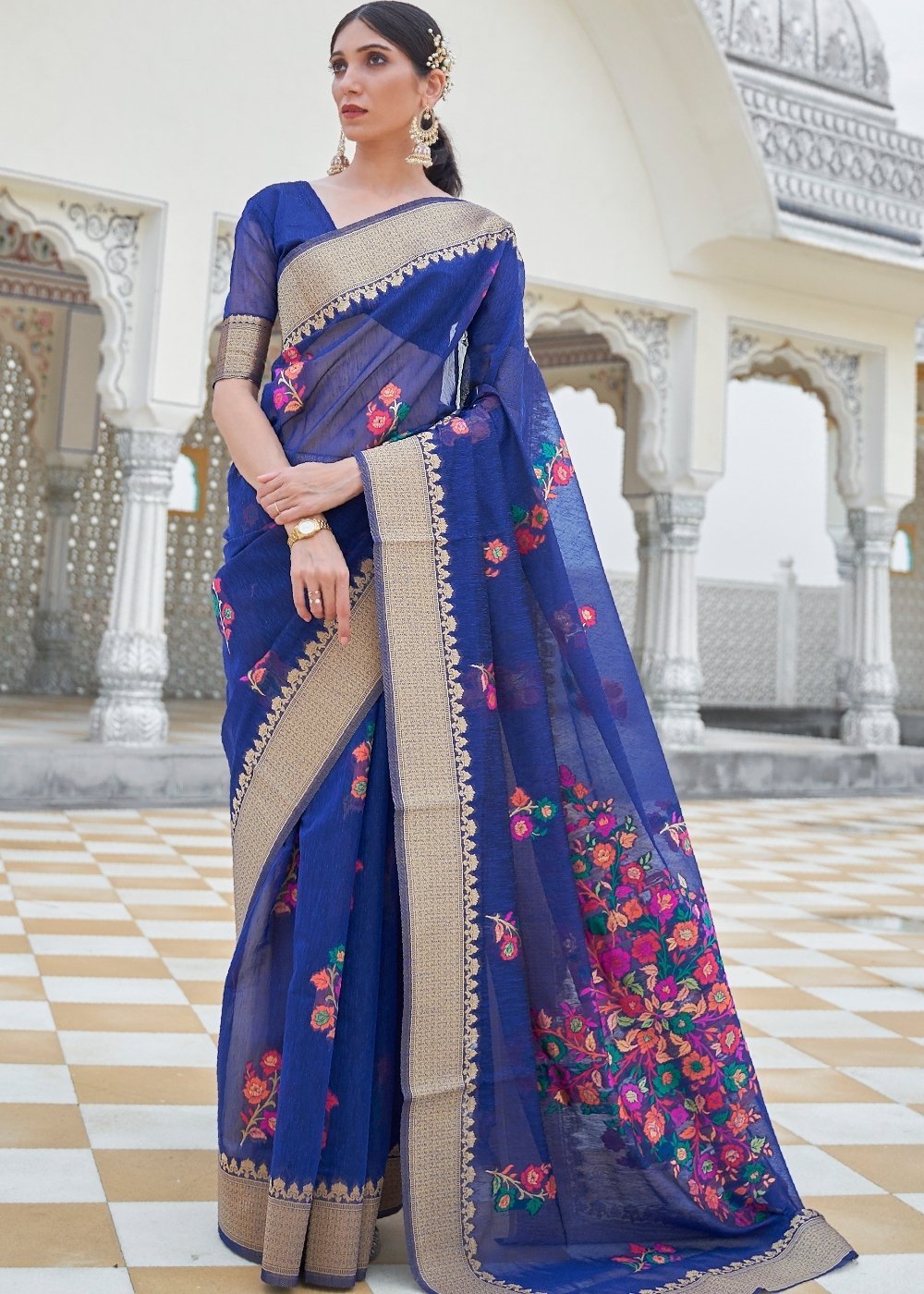 Buy MySilkLove Lucky Point Blue Banarasi Linen Saree Online