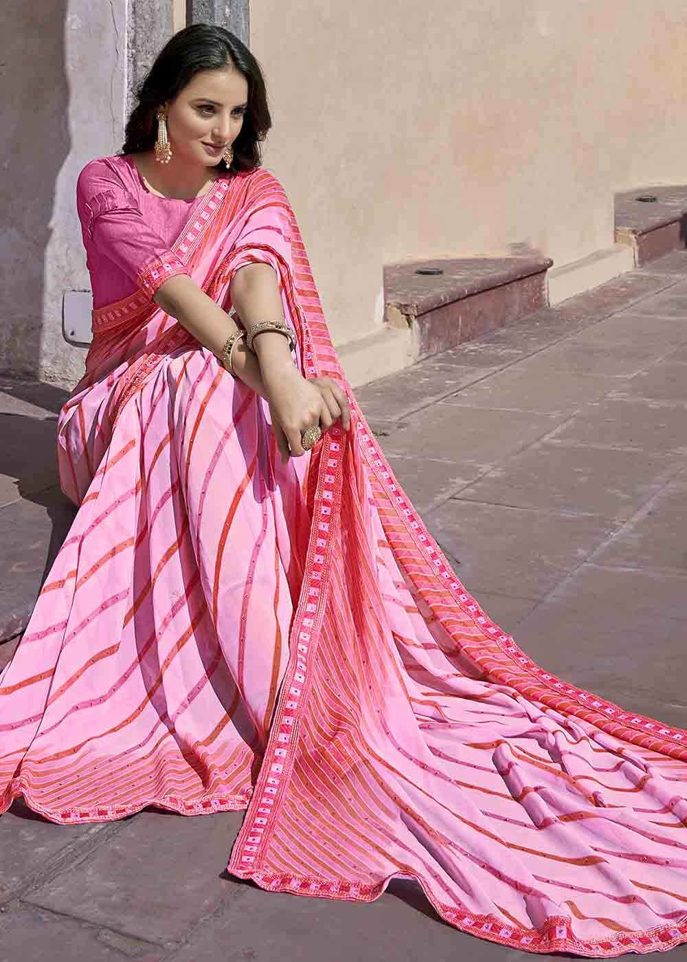 Buy MySilkLove Cupid Pink Printed Georgette Saree Online