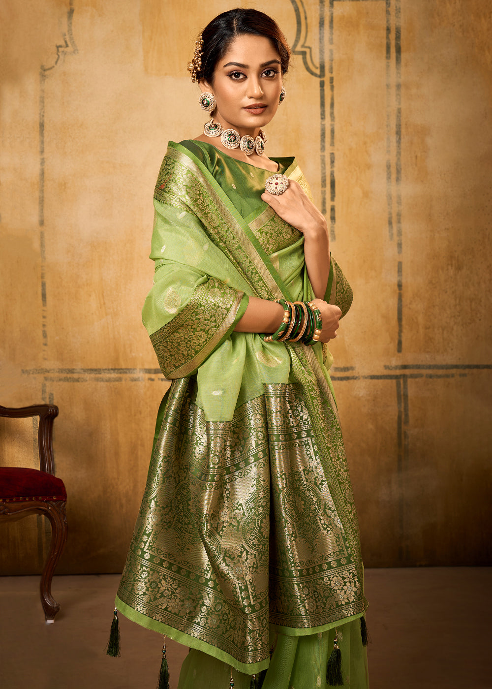Buy MySilkLove Gimblet Green Woven Banarasi Silk Saree Online