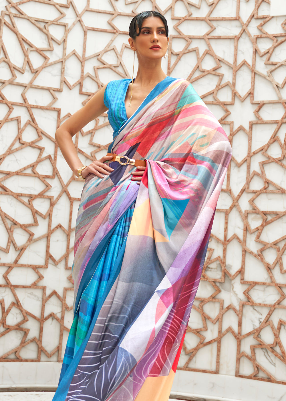 Buy MySilkLove Astral Blue and White Kalamkari Printed Crepe Saree Online