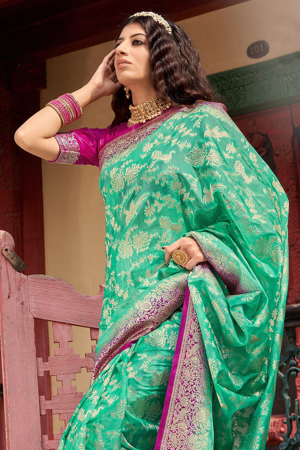 Buy MySilkLove Silver Tree Green and Pink Organza Saree Online