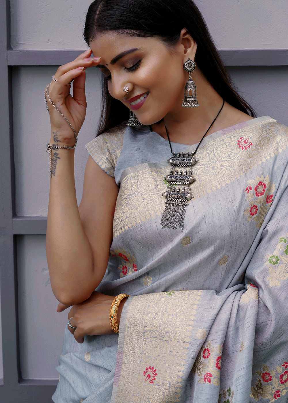 Buy MySilkLove Mountain Mist Grey Banarasi Saree Online