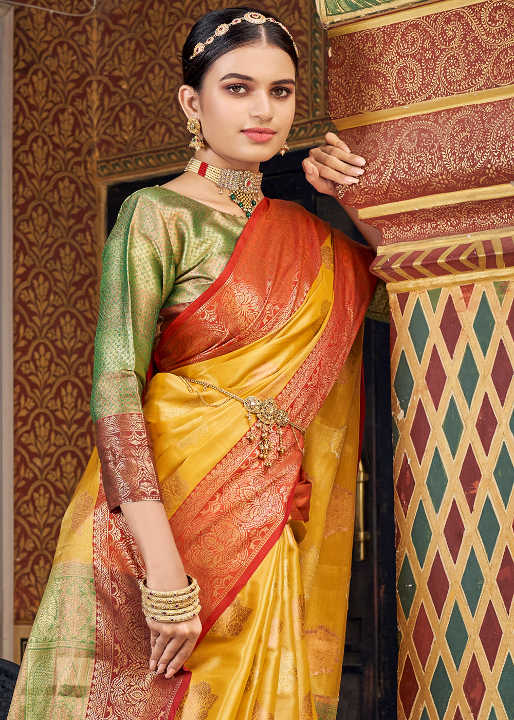 MySilkLove Porsche Yellow Woven Banarasi Barcode Silk Saree