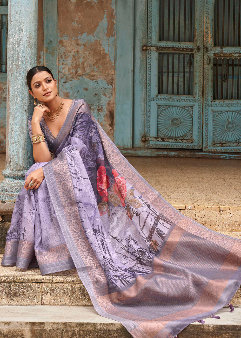 Buy MySilkLove Glossy Grape Purple  Floral Printed Linen Silk Saree Online