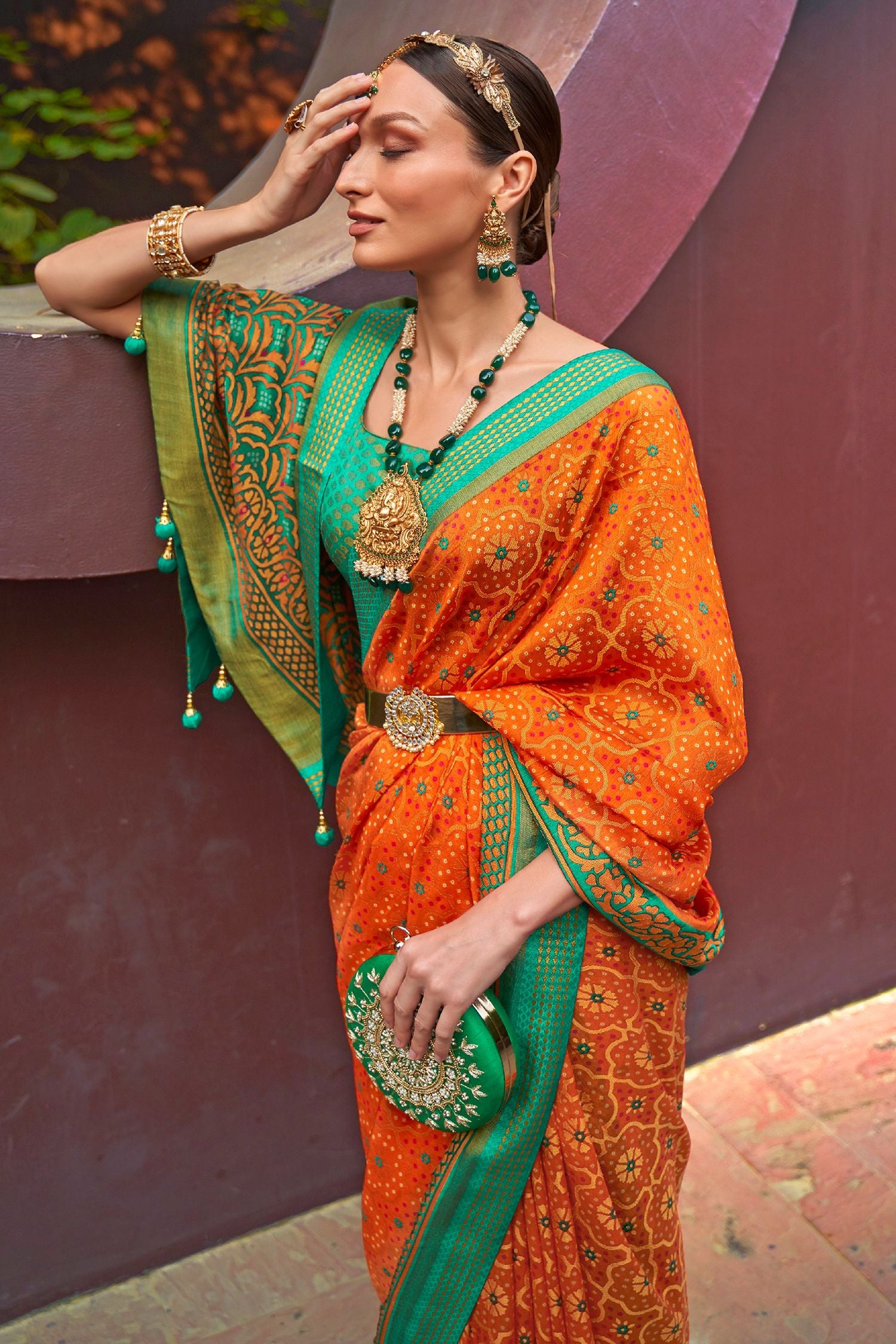 MySilkLove Mandarin Orange and Green Printed Brasso Saree