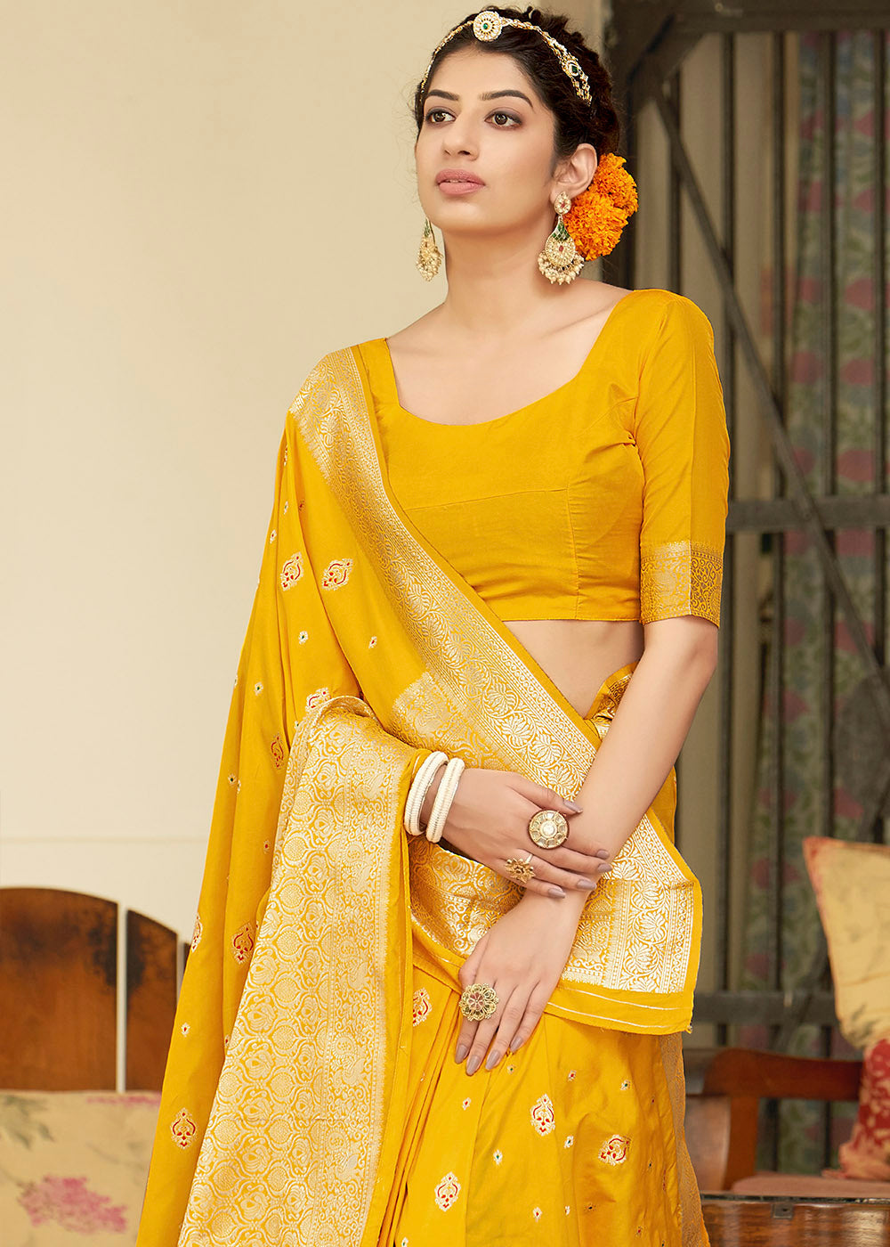 MySilkLove Saffron Yellow Zari Woven Banarasi Silk Saree with Butti Work