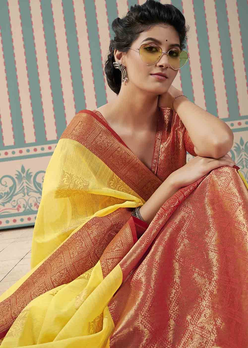 Buy MySilkLove Turmeric Yellow and Red Zari Woven Linen Saree Online