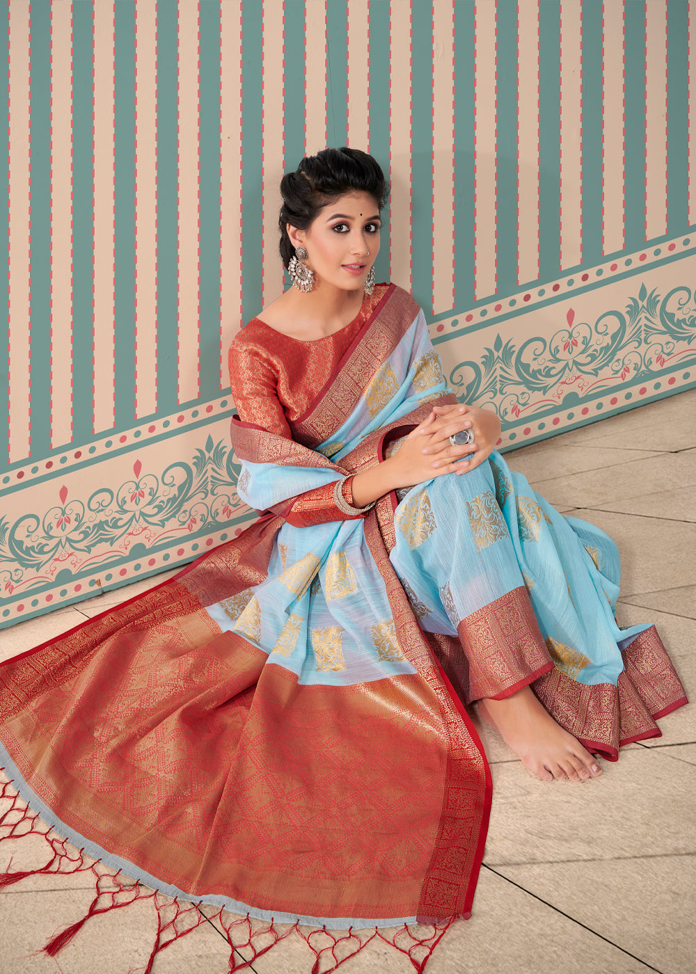 Buy MySilkLove Rock Blue Zari Woven Banarasi Brocade Linen Saree Online