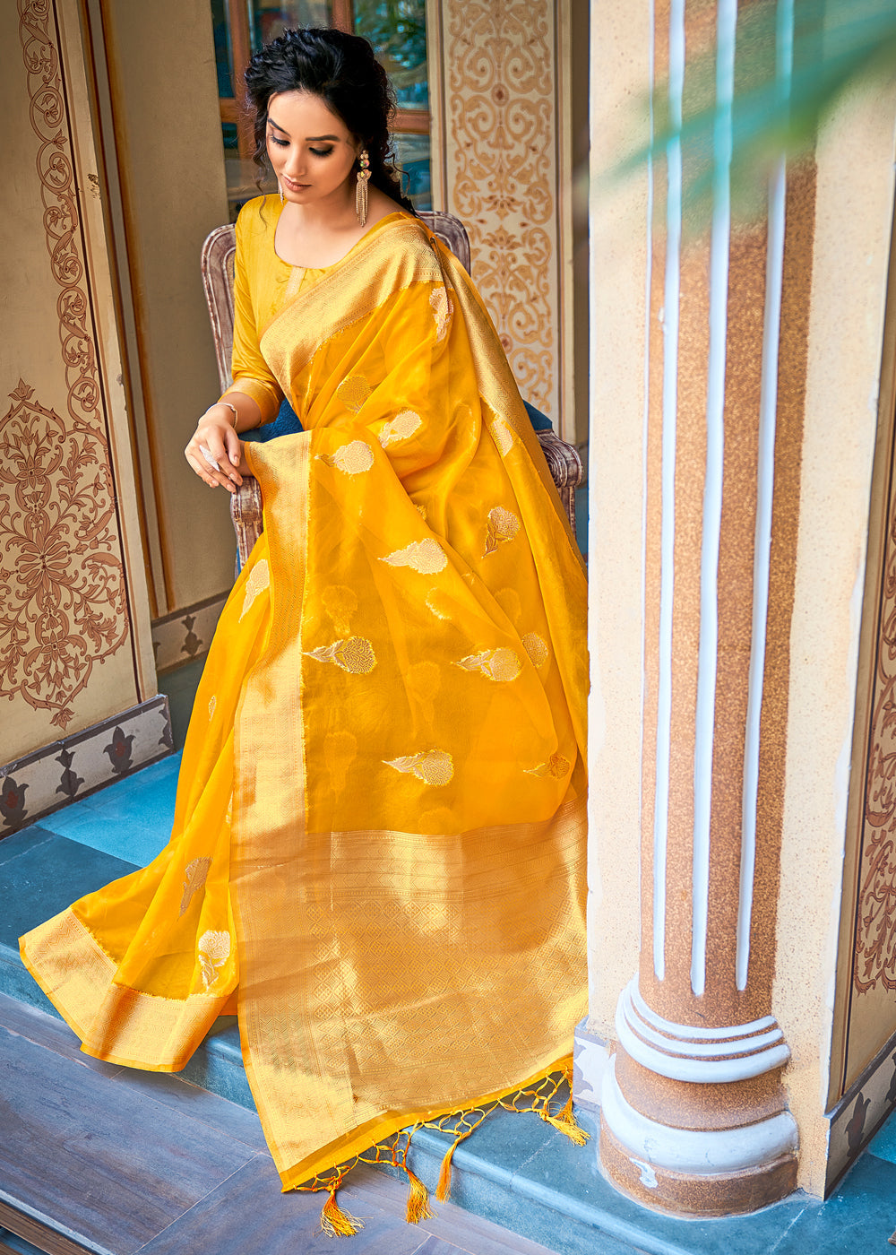 Buy MySilkLove Glow Yellow Zari Woven Banarasi Organza Saree Online