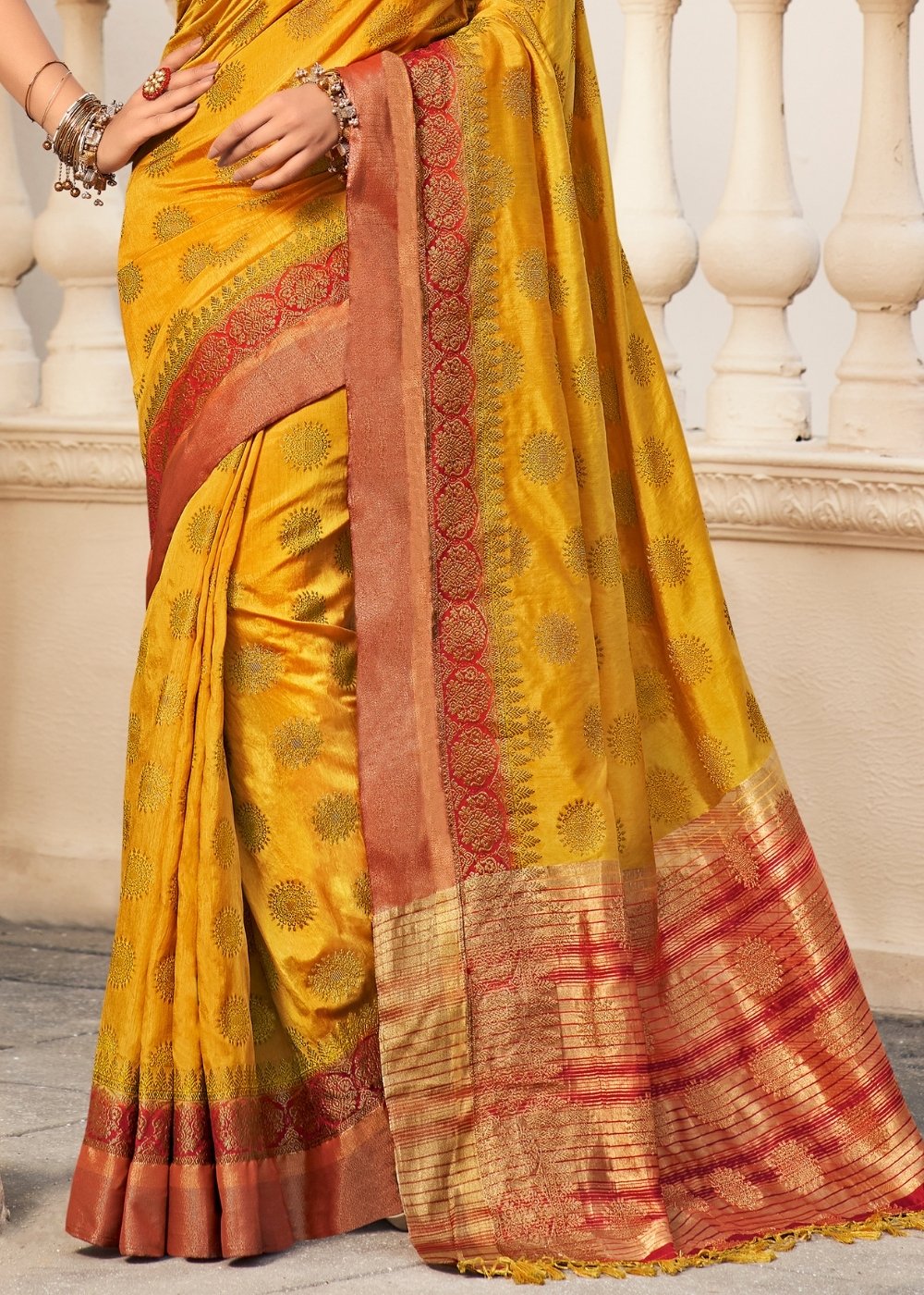 Buy MySilkLove Mustard Yellow and Red Woven Banarasi Raw Silk Saree Online