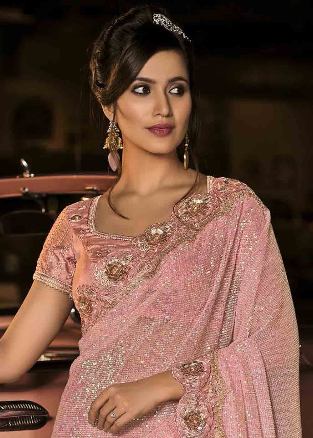 Buy MySilkLove Shilo Light Pink Heavy Work Designer Net Saree Online