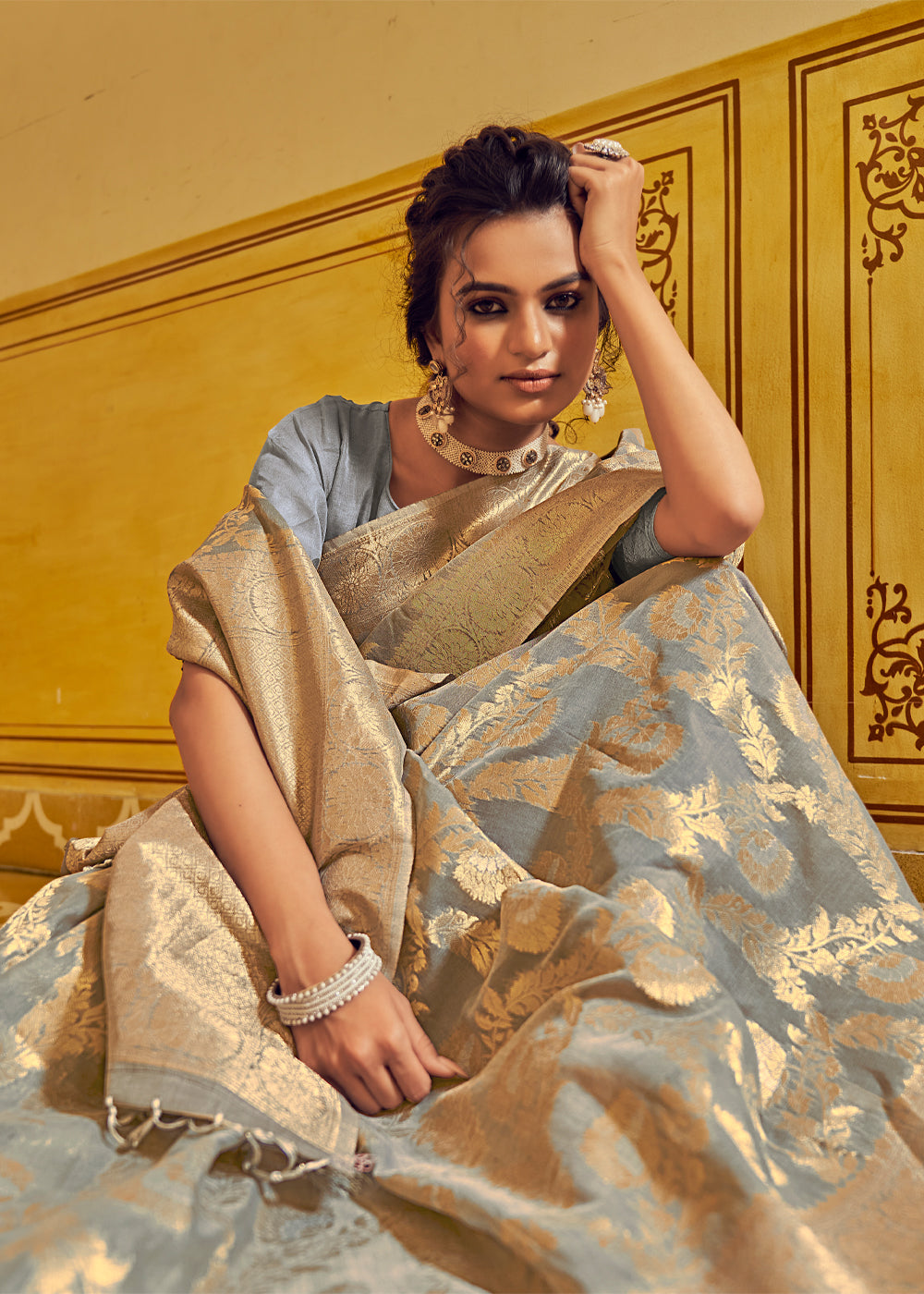 Buy MySilkLove Natural Grey Zari Woven Banarasi Linen Saree Online