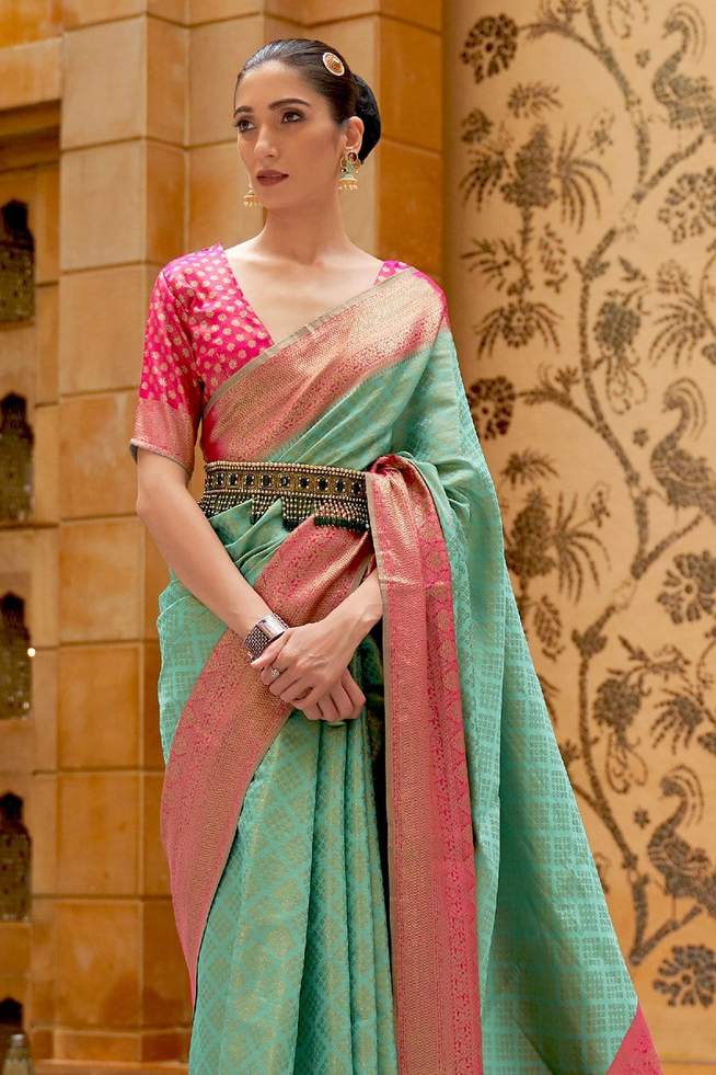 MySilkLove Bay Leaf Green and Pink Zari Woven Kanjivaram Saree